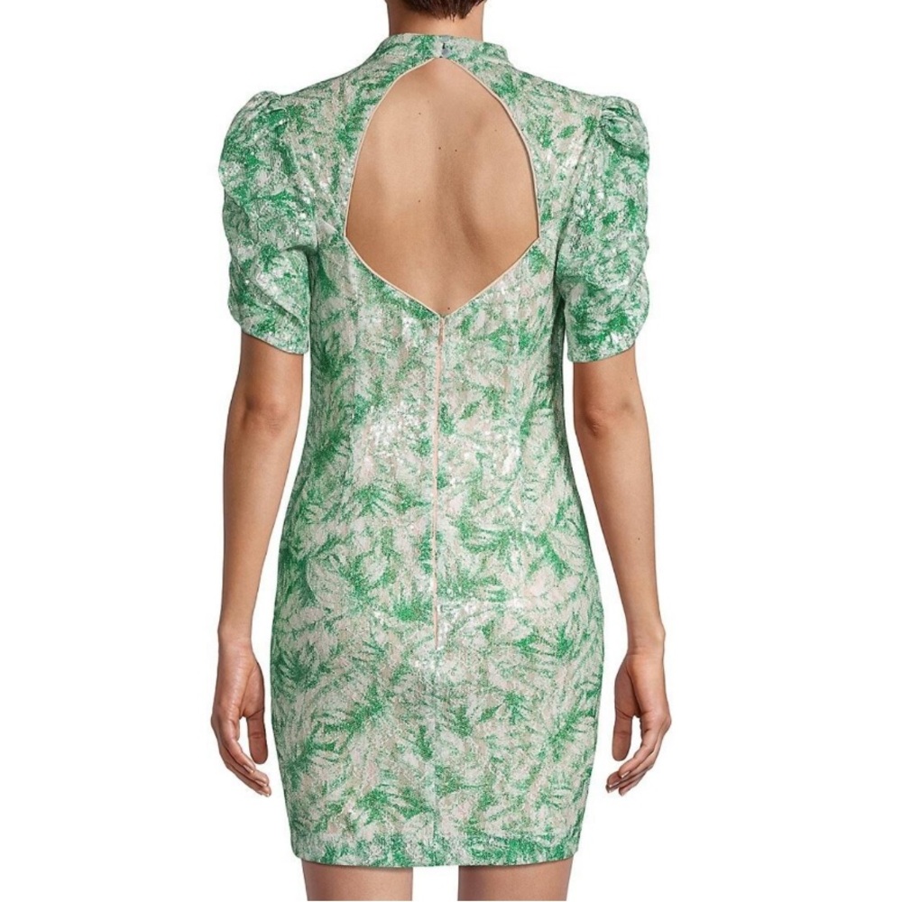 cocktail dress size 12 Badgley Mischka white green Sequin Palm Puff Sleeve - Picture 8 of 13